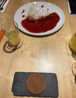 The waffle and the cherry vegan pancake. We shared these as well    at Pirmas Blynas in Vilnius