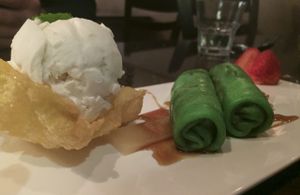 Kueh Dadar (Pandan coconut crepes) at Ren Dao Asian Vegetarian in Elsternwick