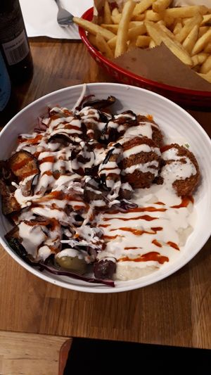 Falafel bowl. Lots of tahini and chilli sauce! at Moorish Falafel Bar in Norwich