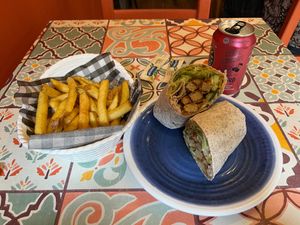 Sweet chilli chicken wrap and chips at Moorish Falafel Bar in Norwich