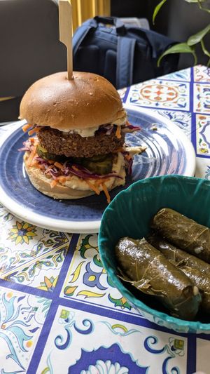 Falafel burger and dolmas at Moorish Falafel Bar in Norwich