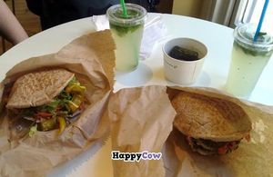 Moorish - Falafel In Pittas (left hand one Mexican & the other I forget), Dolma & home-made lemonade  at Moorish Falafel Bar in Norwich