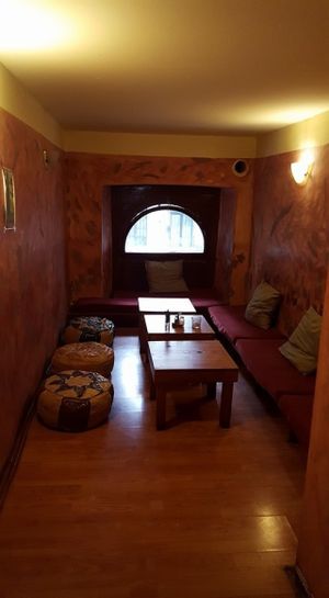 cosy seating at TiK TaK Hummus Bar in Budapest