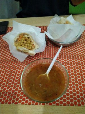 pita with chickpeas & falafel & red lentil soup at TiK TaK Hummus Bar in Budapest