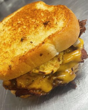 Limited time only Thee steak sammich 
Vegan steak, cheese, grilled onions, Mayo on a buttered toasted bread everything always 100% vegan  at Sweet Vibes - Pop up in Hazelwood