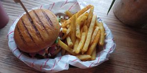 "Take Bahn Mi", weekend special burger.
Vegetable paté, burger or chick'n patty, spicy marinated ham, pickled rainbow veg, garlic mayo and coriander. Amazing! at Rabbit Food @ Meadows Tap in Edinburgh