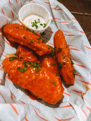 Buffalo strips with garlic mayo  at Rabbit Food @ Meadows Tap in Edinburgh