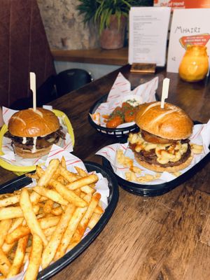 Doner burger, baby got mac burger, buffalo tenders, fries  at Rabbit Food @ Meadows Tap in Edinburgh