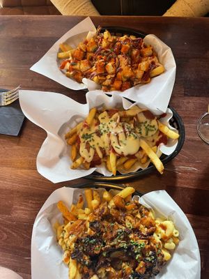 buffalo loaded fries, pepperoni loaded fries and mac and cheese loaded fries (i think some of these are no longer on the menu)  at Rabbit Food @ Meadows Tap in Edinburgh