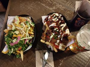 Two types of loaded fries, plus beer. Be hungry or share the generous portions!😋 at Rabbit Food @ Meadows Tap in Edinburgh