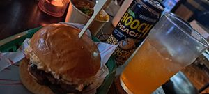 Bulgogi burger (beef) and a peach Hooch at Rabbit Food @ Meadows Tap in Edinburgh