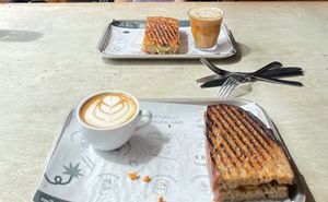 Vegan toast is and oat flat white (other person did not have vegan food)  at The Exploding Bakery in Exeter