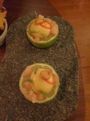 Vegan Egg, Vegan Prawn, Lime and Chilli at Mini Bar - José Avillez in Lisbon