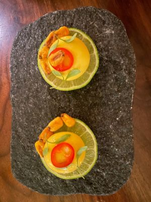 Vegan egg/prawn/lime at Mini Bar - José Avillez in Lisbon