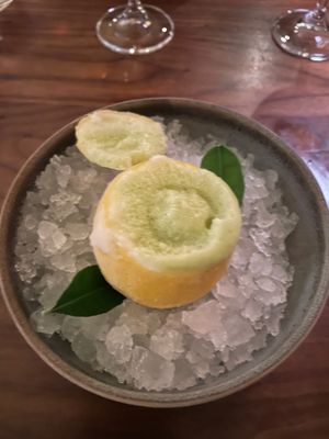 Frozen lemon sorbet with basil foam at Mini Bar - José Avillez in Lisbon