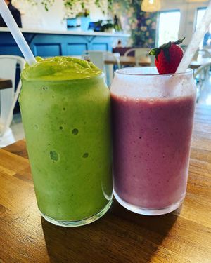Goddess smoothie and strawberry/banana smoothie (after we ate a little bit - oops!)  at Goji Berry in Phoenix