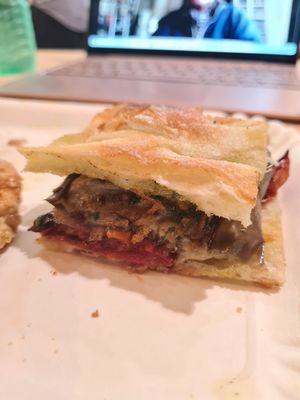 Focaccia sandwich with eggplant and dried tomatoes at Forno Roscioli Pietro - Esquilino in Rome