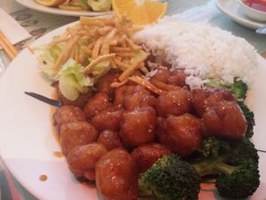orange meatless chicken lunch option  at Big Lantern in San Francisco