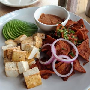 Chilaquiles rojos con tofu at Avocato Cocina Creativa in Puerto Penasco