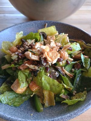 Tofu, garbanzo, black beans, quinoa, mushrooms, olives, spinach, corn strips, balsamic vinaigrette 🥗 at Avocato Cocina Creativa in Puerto Penasco