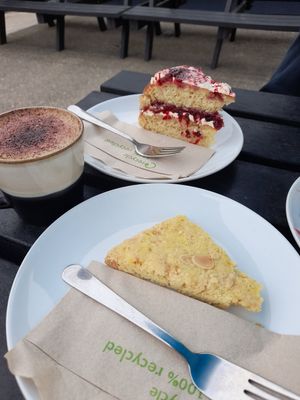 Oatly cappuccino,Orange shortbread,Victoria sponge cake at BRAF in Caernarfon