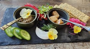 Tinned "fish". Enoki mushrooms, celery root, kelp caviar at Salt and Pepper Social in Newcastle