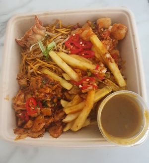 Vegan ManFu: (sides) Noodles and SaltnPepper Fries (Mains) SaltnPepper Tofu and HotnSpicy Not Chickin at WowYauChow - temporarily closed in Swinton