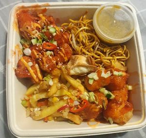 Vegan Manfu: (sides) Noodles and salt N pepper fries. (Mains) Crispy chilli cauli bites and sweet N sour not chicken at WowYauChow - temporarily closed in Swinton