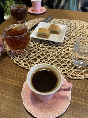 Turkish coffee and tea with vegan baklava  at Wegain in Istanbul