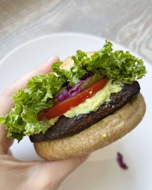 Vegan falafel burger with guacamole and homemade sourdough bread at Dzen of Food in Yerevan