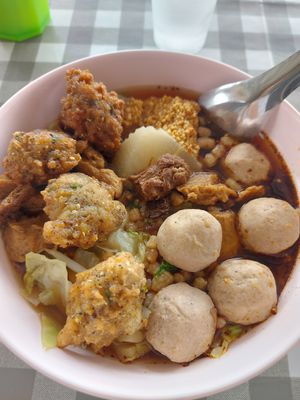 Soup with extra moo tord at Raan Nittaya Ahaan Jey - ร้านนิตย์ อาหารเจ in Chiang Mai