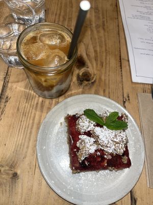 Berry crumblejack and iced coffee  at FED in Bristol