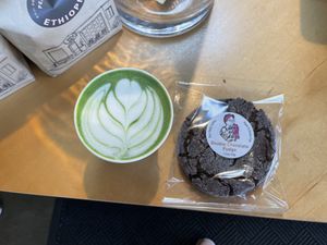 Matcha with oat milk and double chocolate cookie  at Walnut Street Coffee in Edmonds