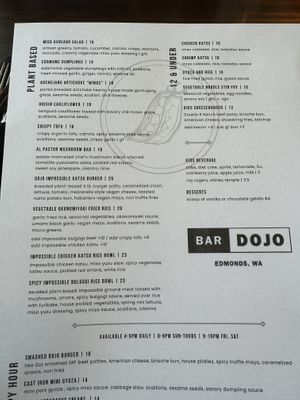 Dedicated plant-based section  at Bar Dojo in Edmonds