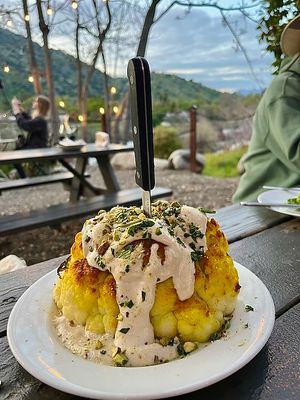 Roasted cauliflower with tangy tahini, crushed pistachios & mint at Ol Buckaroo in Three Rivers