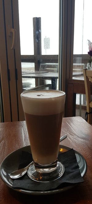 Vegan latte at WestBeach in Bournemouth