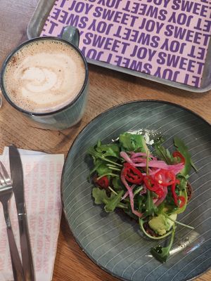 Chai oat latte and toast at Mr Cake in Stockholm