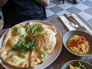 Vegan flatbread which came with hummus at Chatsworth Kitchen in Matlock