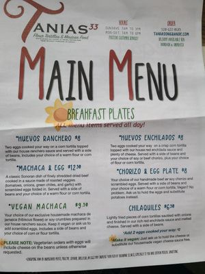 Breakfast menu at Tanias 33 Dos Mundos in Tucson