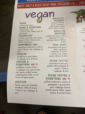 Vegan burrito menu  at Tanias 33 Dos Mundos in Tucson