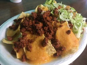 Vegan nachos w/ soyrizo - delish! at Tanias 33 Dos Mundos in Tucson