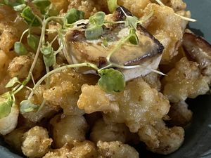 Deep-fried cauliflower with seared silken tofu and micro coriander  at abarbistro in Portsmouth