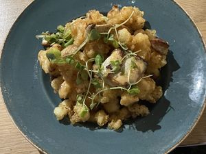 Deep-fried cauliflower with seared silken tofu and micro coriander  at abarbistro in Portsmouth
