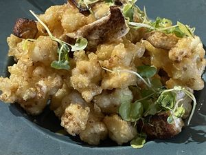 Deep-fried cauliflower with seared silken tofu and micro coriander (and a grilled portobello mushroom ‘stolen’ from a colleague 😁)  at abarbistro in Portsmouth