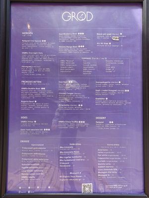 Menu. P is for plant based, PO is for plant based option. at Grød - Christianshavns in Copenhagen