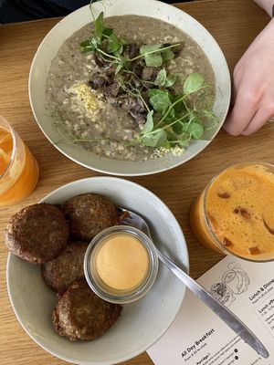 Barley Otto-fritters & mushroom barley otto   at Grød - Christianshavns in Copenhagen