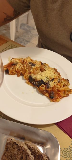 Tagliatelle alla norma at Ristorante Peruggini in Vistarino