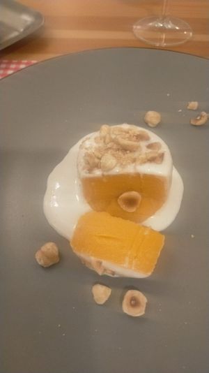 Carrot and ginger flanc with coconut cream at Ristorante Peruggini in Vistarino