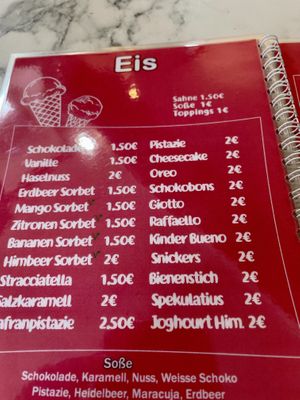 Menu with marked Vegan options. Strawberry sorbet seems to be now vegan too. At least according to their display signs.   at Flamingo Ice Cream in Eupen