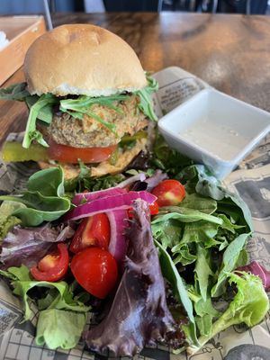 No chickens hardened - vegan chick’n sandwich on a gluten free bun!!   at Vibe Gastropub in Fayetteville